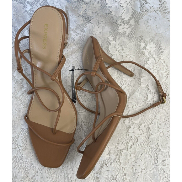 Express Heels Women's 8 Strappy Sandals Open Toe Ankle Strap Brown - Picture 1 of 14